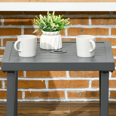 Outsunny Garden Side Table, 51x51cm Square Patio Coffee Table with Umbrella Hole, End Table with Steel Frame for Balcony, Grey 