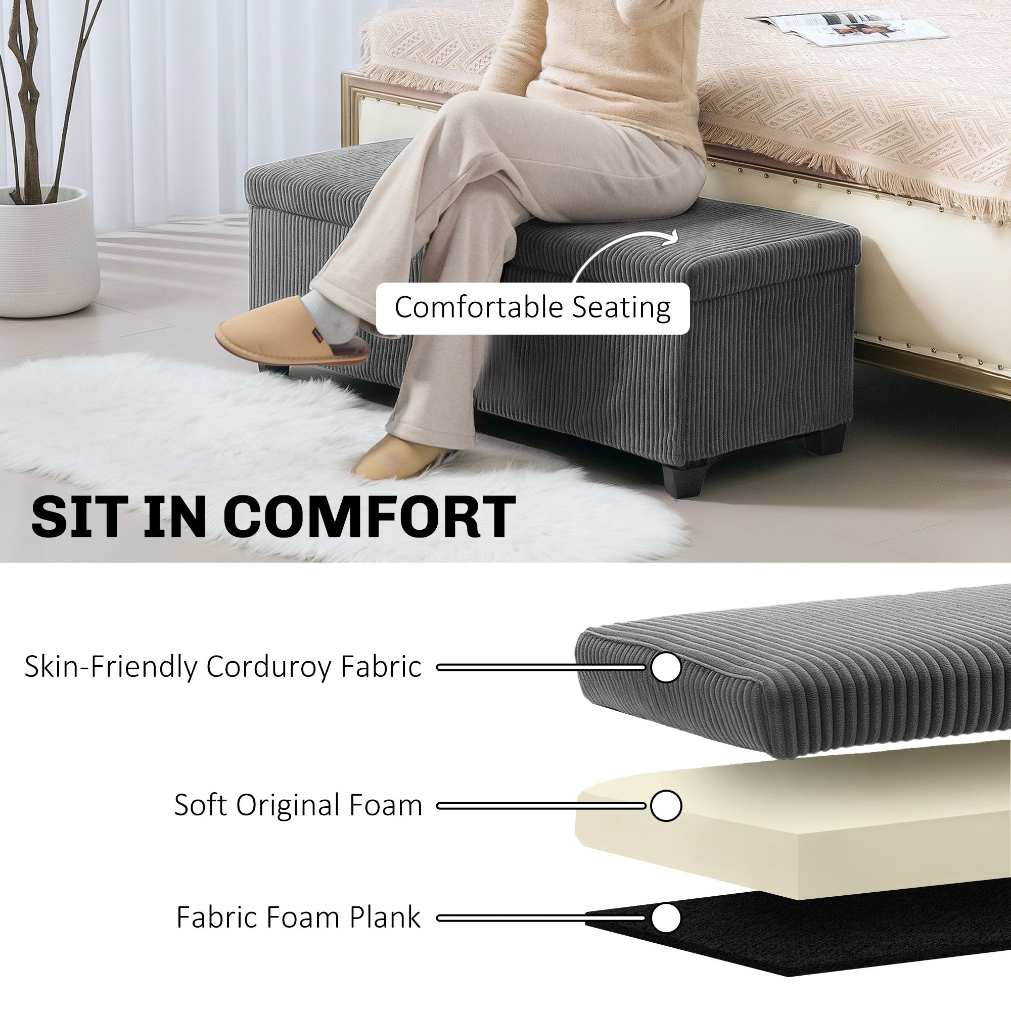 HOMCOM Storage Ottoman Bench, Corduroy Footstool with Removable Lid and Legs, 112cm Storage Chest Box for Living Room, Bedroom, Hallway, Grey 