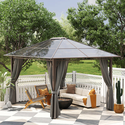 Outsunny 3 x 3.6m Hardtop Gazebo Canopy with Polycarbonate Roof Garden Pavilion with Removable Curtains and Steel Frame, Dark Grey 