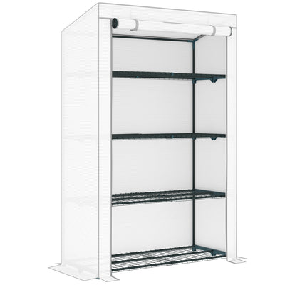 Outsunny 4 Tier Lean-to Mini Greenhouse with Reinforced PE Cover, Portable Small Greenhouse with Roll-Up Door, Grey Hemmed Edging, 110 x 50 x 171cm, Grey 