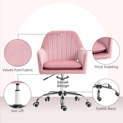 HOMCOM Velvet-Feel Tub Office Chair, with Seat Cushion - Dark Pink 