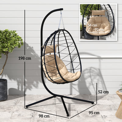 Outsunny Hanging Egg Chair Outdoor Indoor Garden Swing Chair with Folding Basket, Thickened Cushion, Garden Hanging Chair with Stand, Headrest for Patio, Balcony, Khaki 