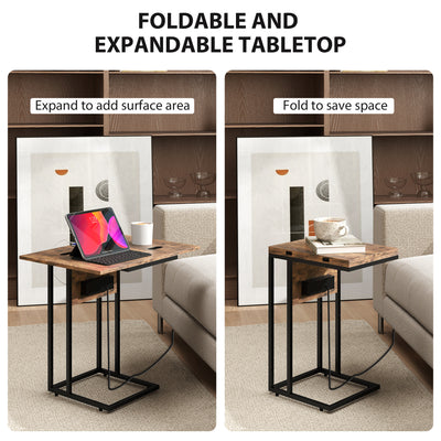 HOMCOM C Shaped Side Table with Charging Station and Foldable Top - Rustic Brown 