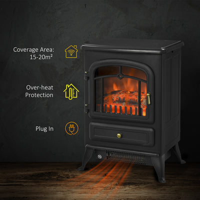 HOMCOM Freestanding Electric Fireplace Indoor Heater Glass View Log Wood Burning Effect Flame Portable Fireplace Stove 950/1850W Black 