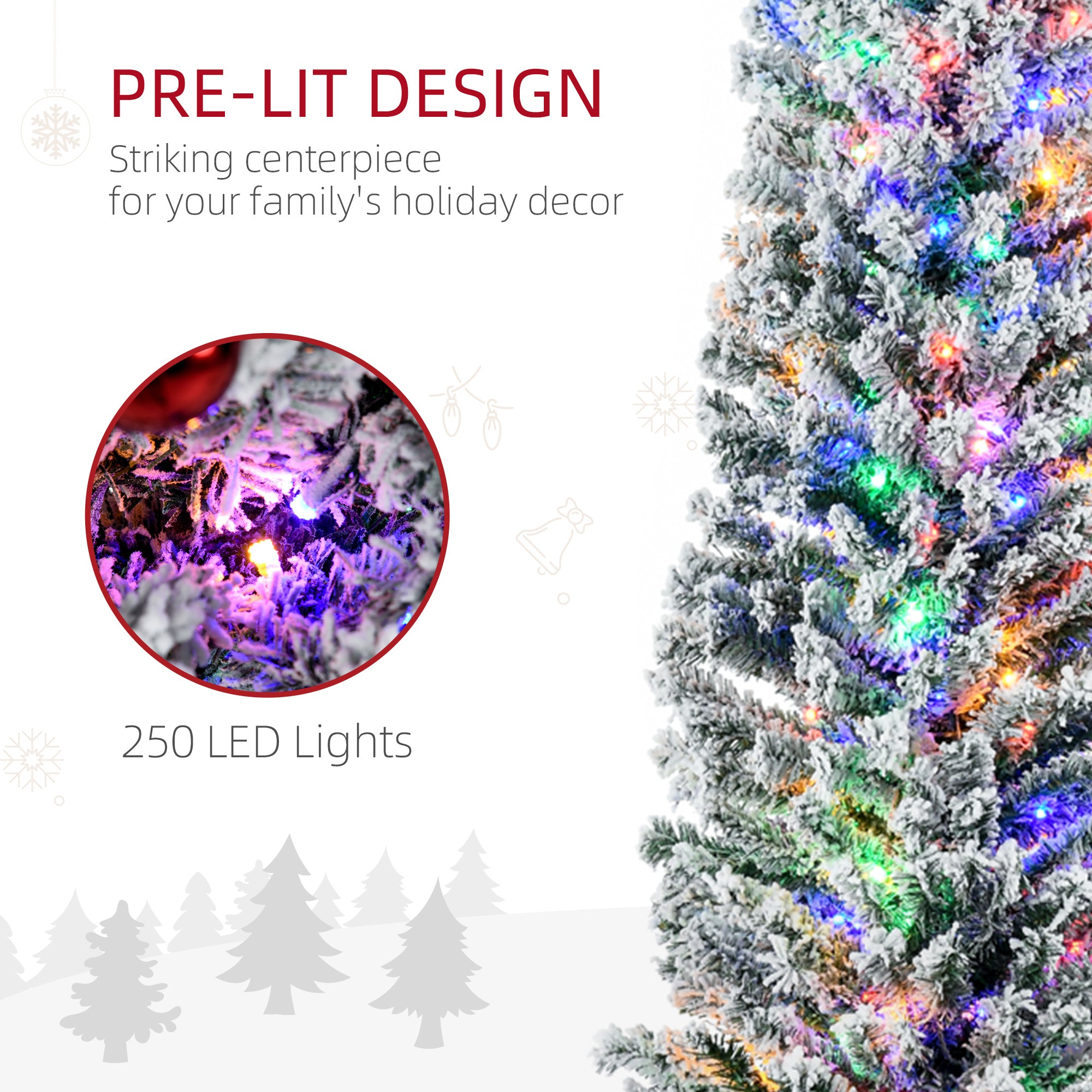 HOMCOM 7.5' Artificial Prelit Christmas Trees Holiday D\'c3\'a9cor with Colourful LED Lights, Flocked Tips, Berry, Pine Cone