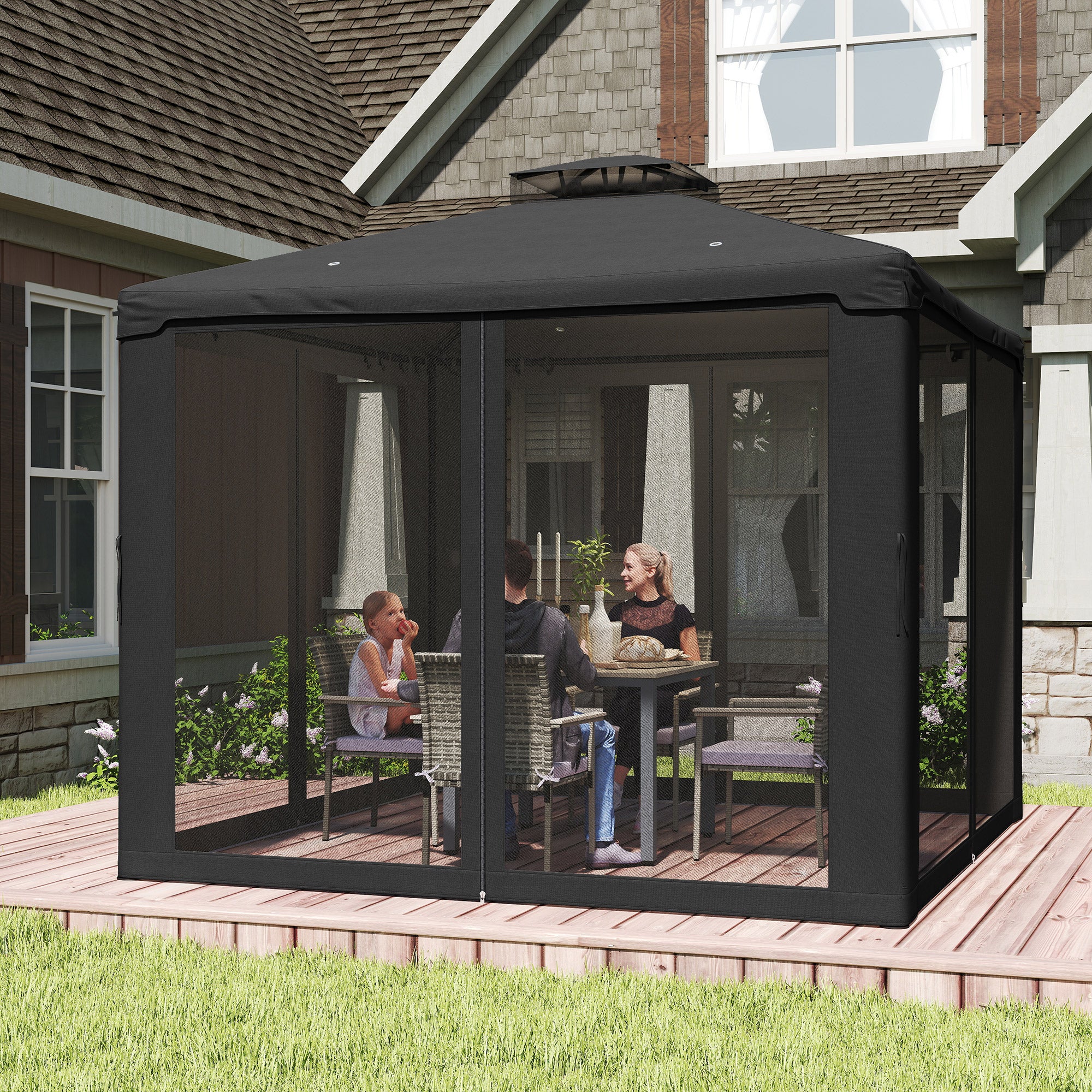 Outsunny 3 x 3 m Metal Gazebo, Garden Pavillion, Double Roof Outdoor Canopy Shelter with Mesh Sidewalls, Black 