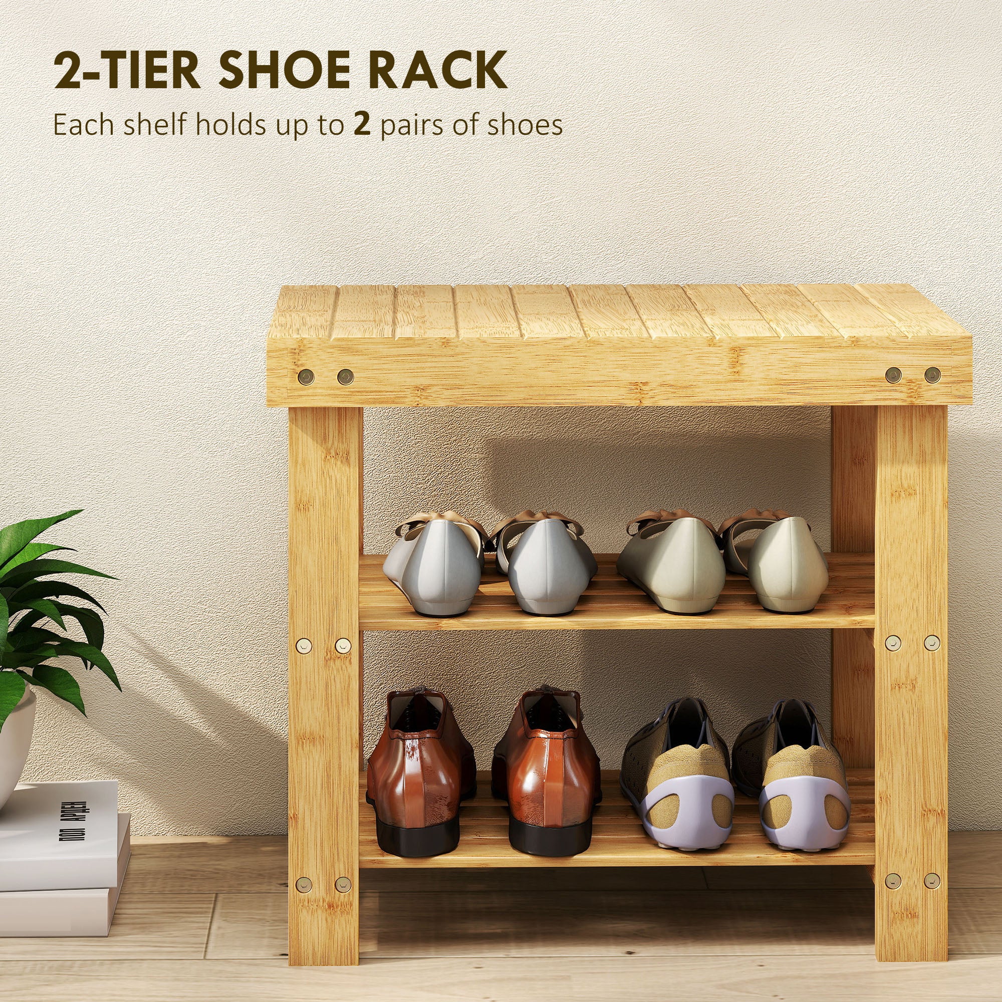 HOMCOM Two Shelf Bamboo Shoe Storage Bench - Natural Finish 