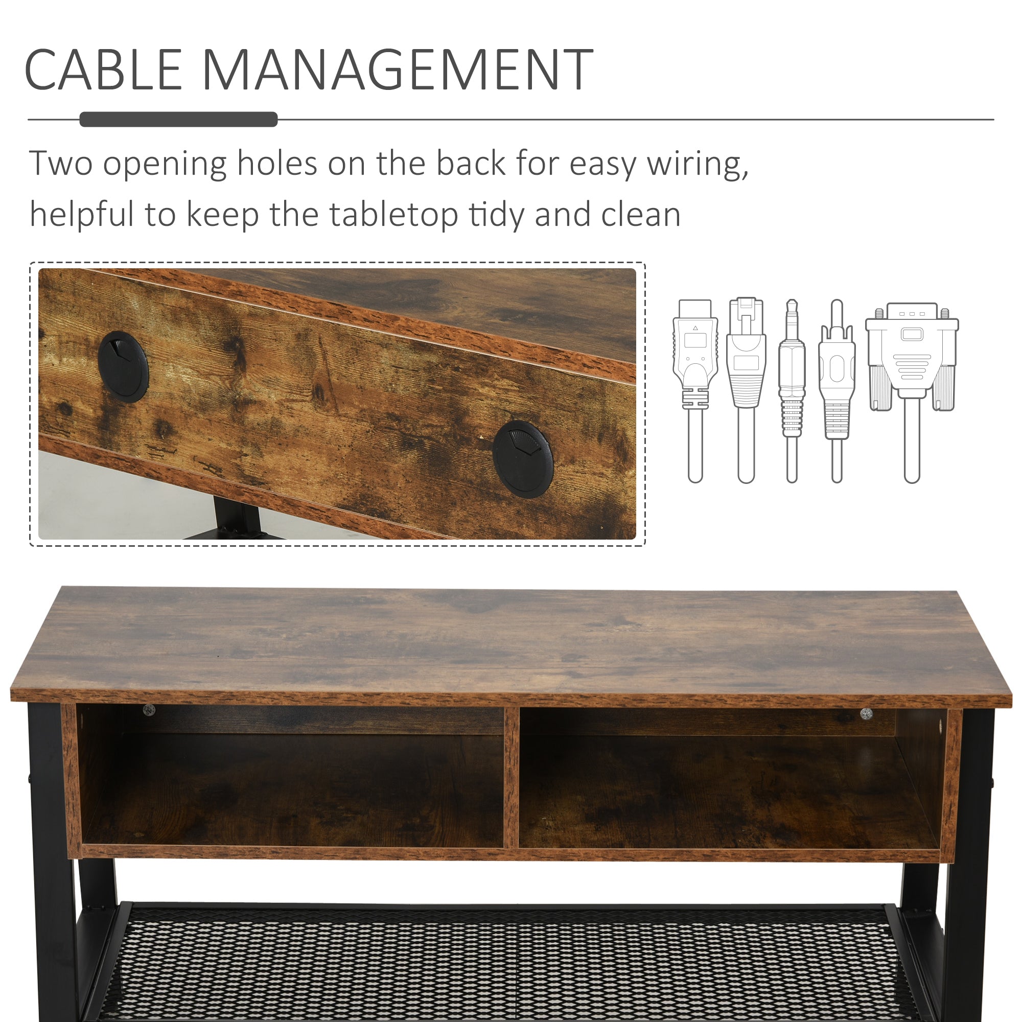 HOMCOM TV Stand Cabinet, Industrial TV Unit for TVs up to 45", 100cm TV Cabinet with 2 Open Compartments and Mesh Bottom Shelf for Living Room, Rustic Brown 