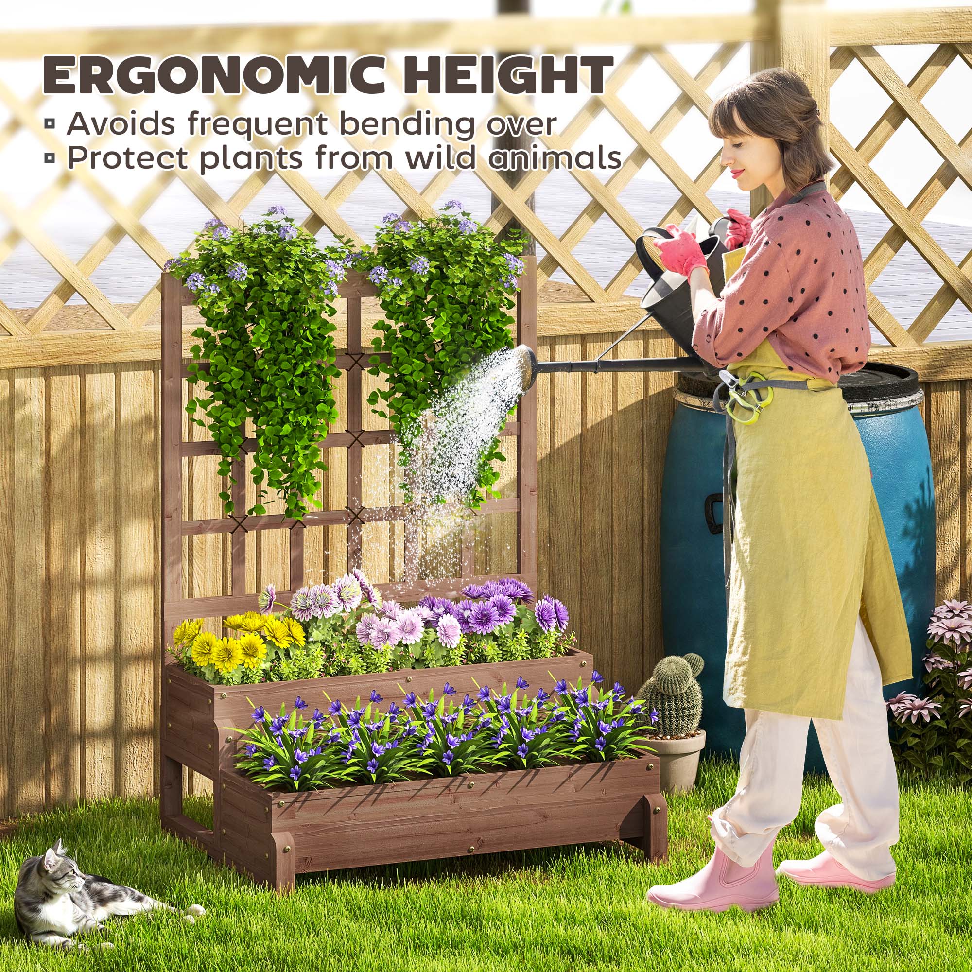 Outsunny 2-Tier Raised Garden Bed with Trellis, Wooden Elevated Planter Box with Drainage Holes, Outdoor Raised Planter for Climbing Plants, Fruits, Vegetables, Flowers, Brown 