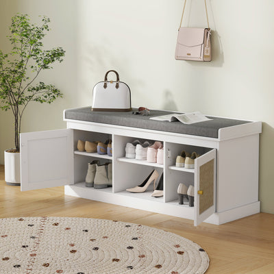 HOMCOM Boho Shoe Storage Bench with Padded Cushion and Rattan Doors - White 