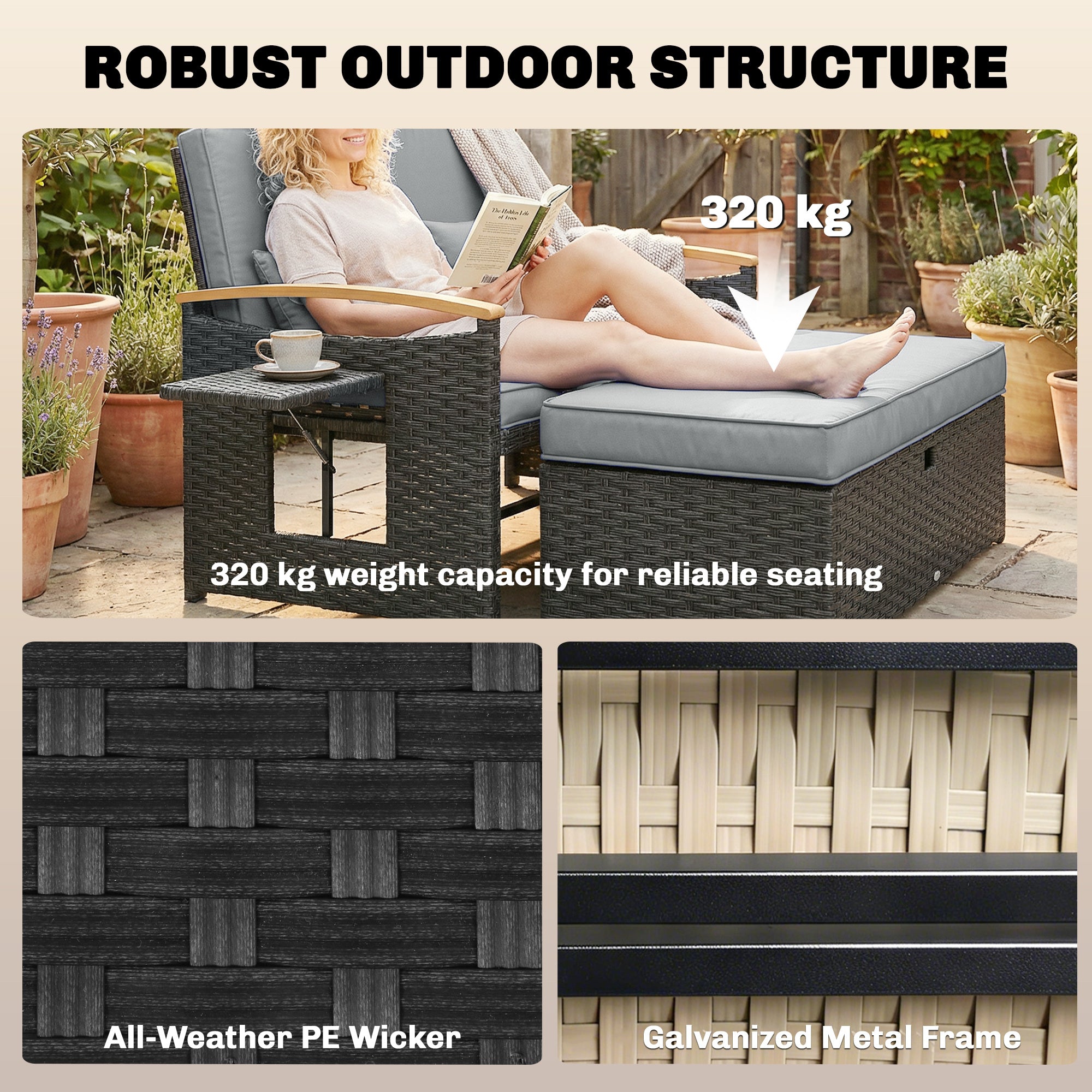 Outsunny Double Garden Rattan Daybed, Wicker Sun Bed Chaise Lounger with Storage Ottoman, 4-Level Adjustable Backrest, Dark Grey 