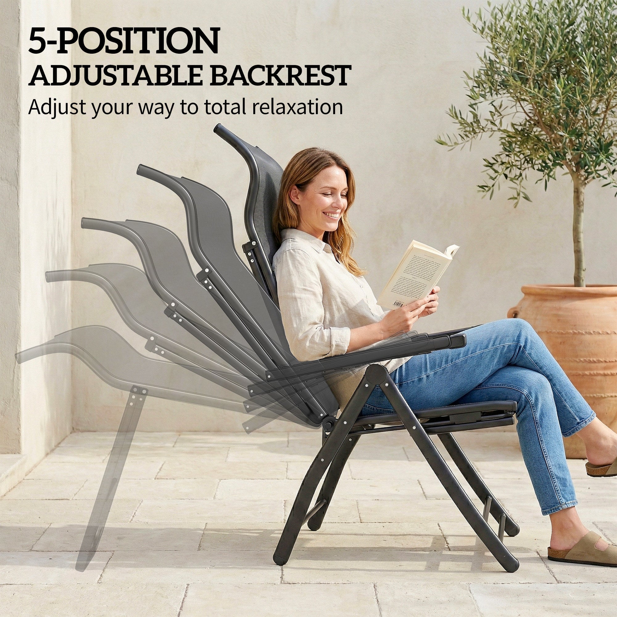 Outsunny Reclining Garden Chairs Set of 2, 5-Position Folding Sun Loungers with High Back, Retractable Footrest, Dark Grey 