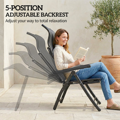 Outsunny Reclining Garden Chairs Set of 2, 5-Position Folding Sun Loungers with High Back, Retractable Footrest, Dark Grey 