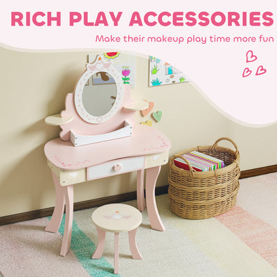 AIYAPLAY Kids Dressing Table, Girls Vanity Set with Mirror and Stool, 7 Play Accessories, Drawer, Desktop Storage, Pink 