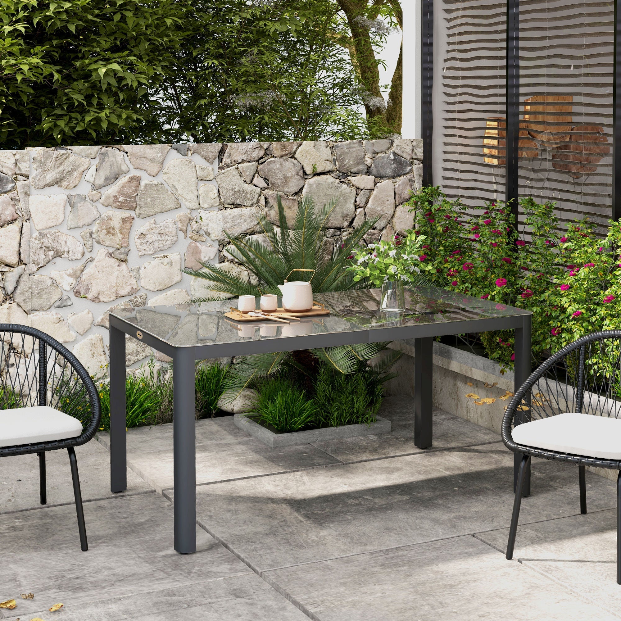 Outsunny 150cm x 88cm Aluminium Table, with Glass Tabletop - Grey 