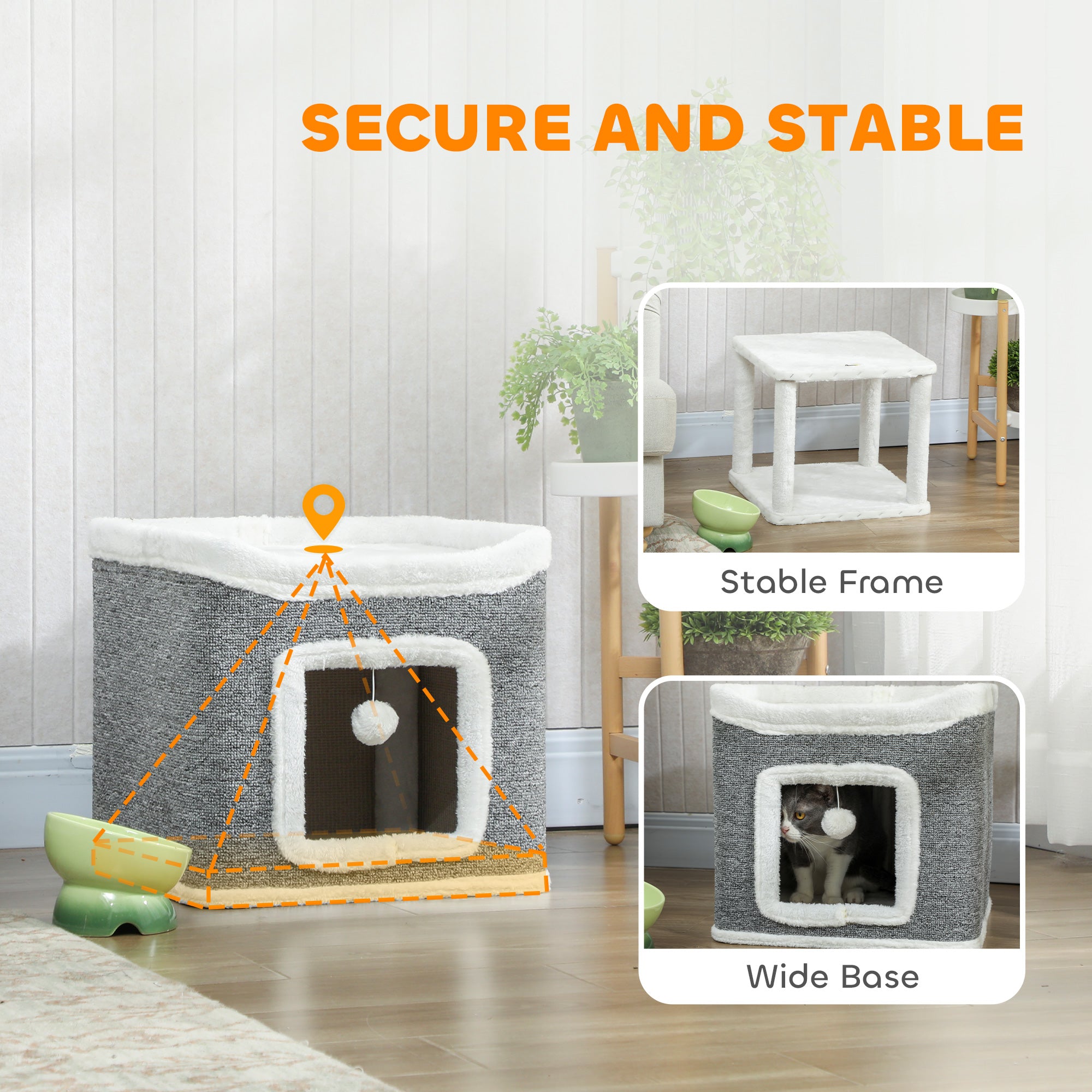 PawHut Cat House for Indoor Kittens, 2-Level Cat Cave Bed with Fluffy Balls, Top Bed, Kitten Barrel for Multi Kitties, Grey 