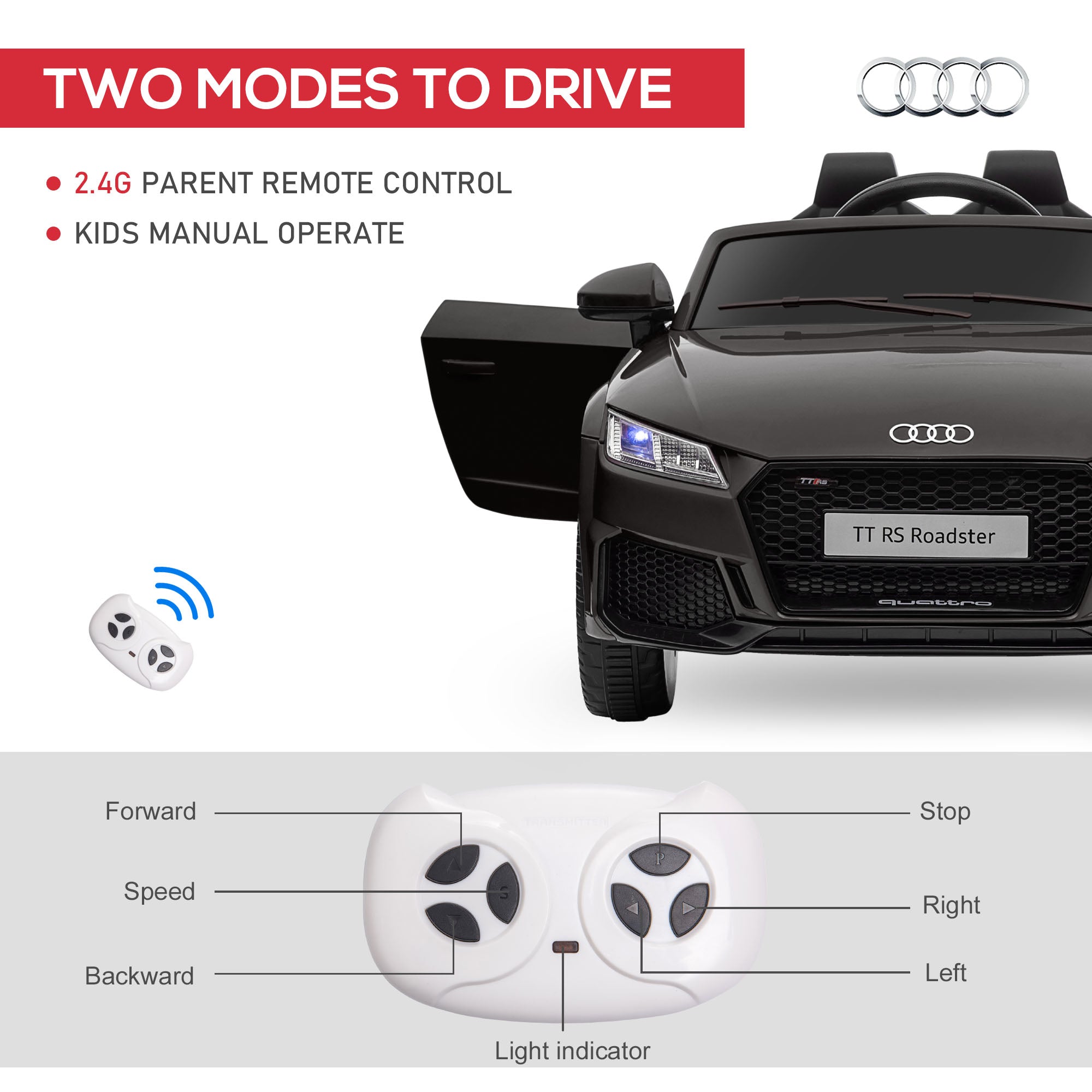 HOMCOM Kids Licensed Audi TT Ride-On Car 12V Battery w/ Remote Suspension Headlights and MP3 Player 2.5-5km/h Black 