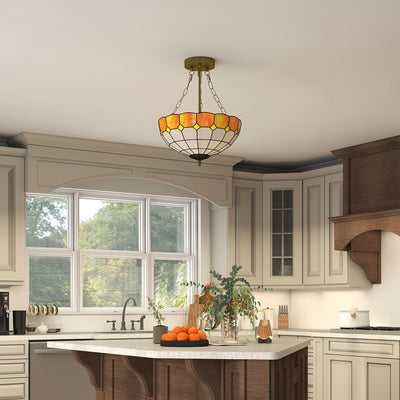 HOMCOM Tiffany Style Ceiling Light, Vintage Chandelier with 3 E27 Sockets, Semi Flush Mount for Living Room, Bulbs Not Included 