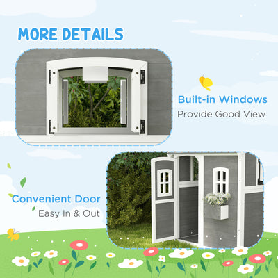Outsunny Wooden Playhouse for Kids with Doors, Windows, Plant Box, Floors, for Ages 3-8 Years, for Gardens, Lawns, Patios - Grey 