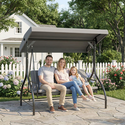 Outsunny 3 Seater Canopy Swing Chair, 2 in 1 Garden Swing Seat Bed, with Adjustable Canopy and Metal Frame, Light Grey 