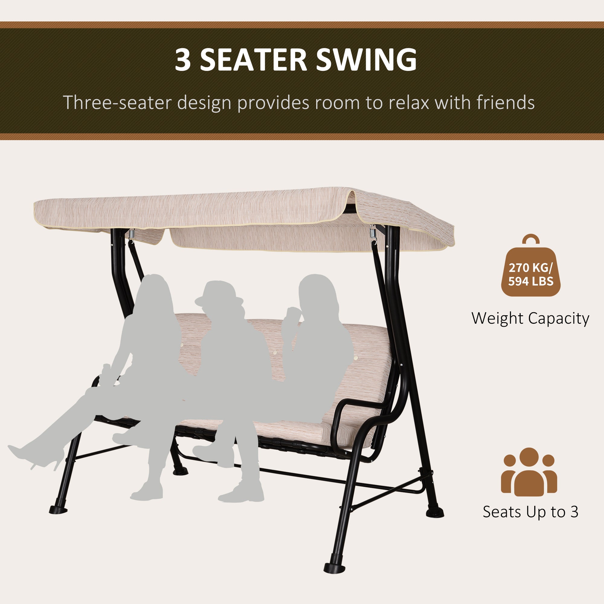 Outsunny Steel Frame 3-Seater Outdoor Garden Swing Chair w/ Canopy Beige 
