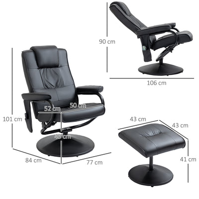 HOMCOM Swivel Recliner Chair and Footstool, Faux Leather Massage Recliner Armchair with Remote Control and Round Wrapped Base, Black 