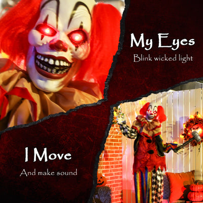 Outsunny 173 cm Life Size Halloween Animated Standing Clown & Hammer with Red Light Up Eyes, Sound Activated Moving Arms & Head, Scary Clown Halloween Decorations, Battery Operated, Indoor Party Props 