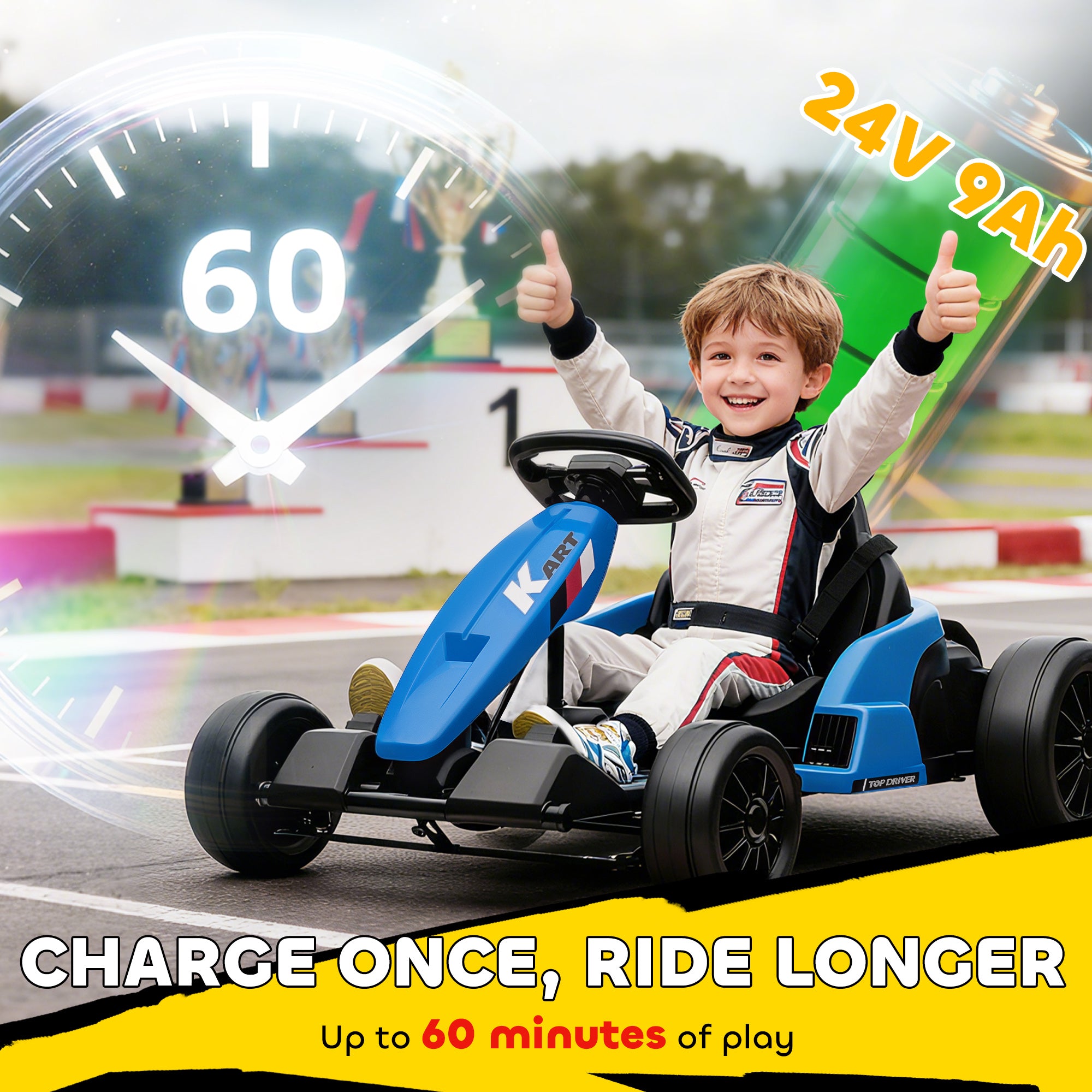 AIYAPLAY 24V Electric Go Kart, Drift Kart with Adjustable Seat, Slow Start, 5-Point Harness, Music, Horn, for 6-12 Years, Blue 