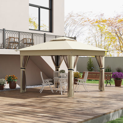 Outsunny 3 x 3(m) Pop Up Gazebo Party Tent with Solar-Powered LED Lights, Adjustable Event Shelter with Netting, Khaki 