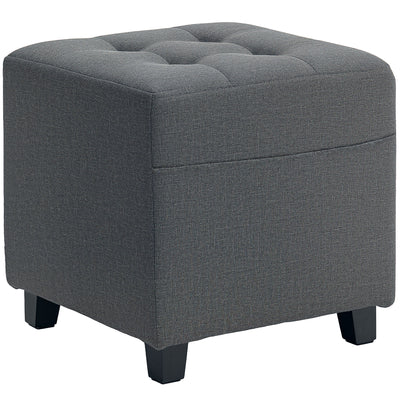 HOMCOM Square Footstool, Small Ottoman with Side Pocket, Linen Fabric Footrest Foot Stool with Rubber Wood Legs and Padded Seat for Living Room, Bedroom, Entryway, 35 x 35 x 35cm, Grey 