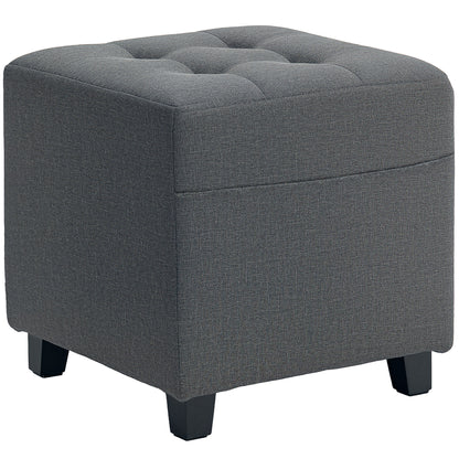 HOMCOM Square Footstool, Small Ottoman with Side Pocket, Linen Fabric Footrest Foot Stool with Rubber Wood Legs and Padded Seat for Living Room, Bedroom, Entryway, 35 x 35 x 35cm, Grey