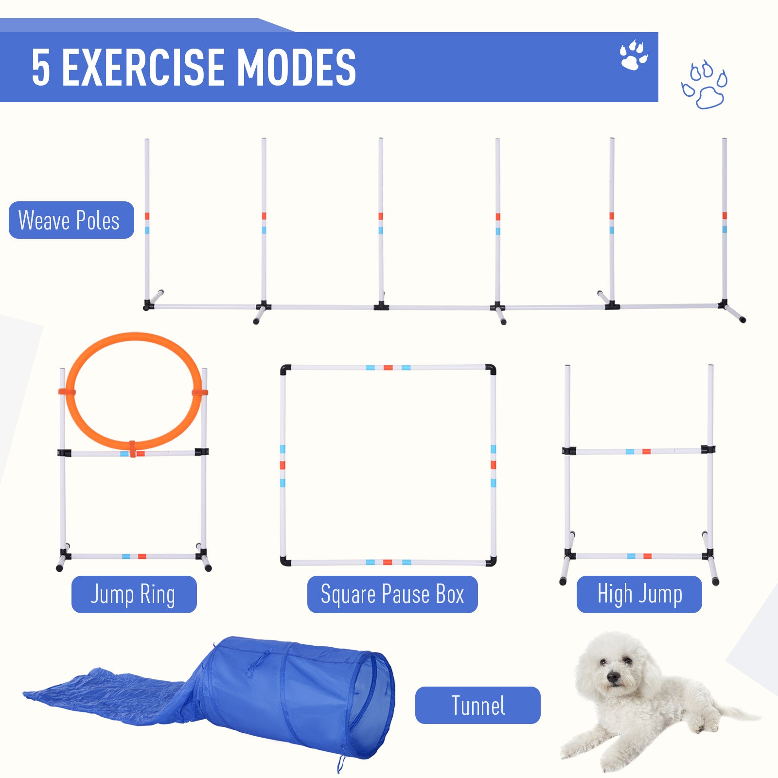 PawHut Dog Agility Equipment Training Set Carry Bag Adjustable (Pole + Hoop + Hurdle+Tunnel + Pause Box) 