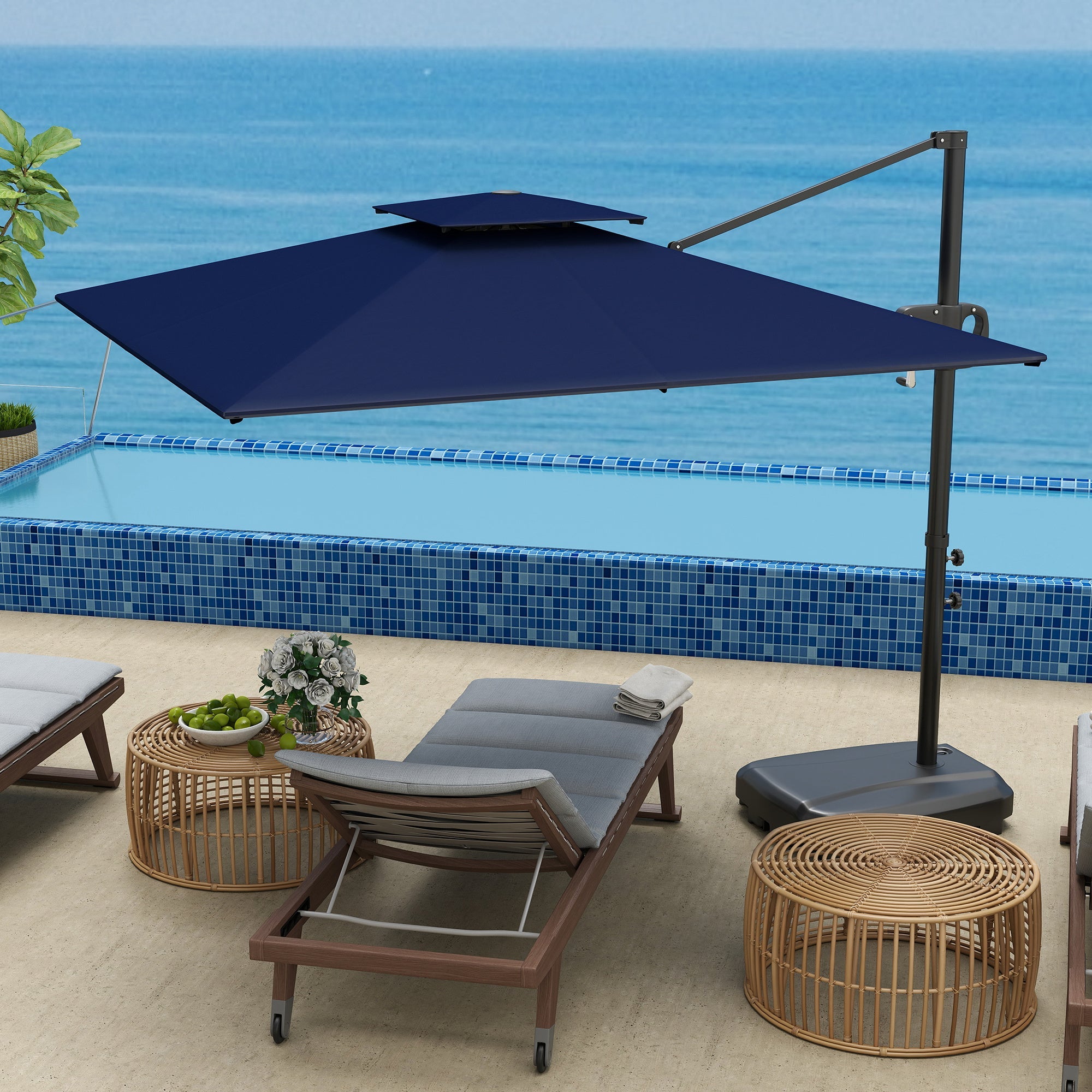 Outsunny Cantilever Parasol with Weighted Base Double Top Garden Parasol Square Hanging Patio Umbrella with Crank Tilt Dark Blue 