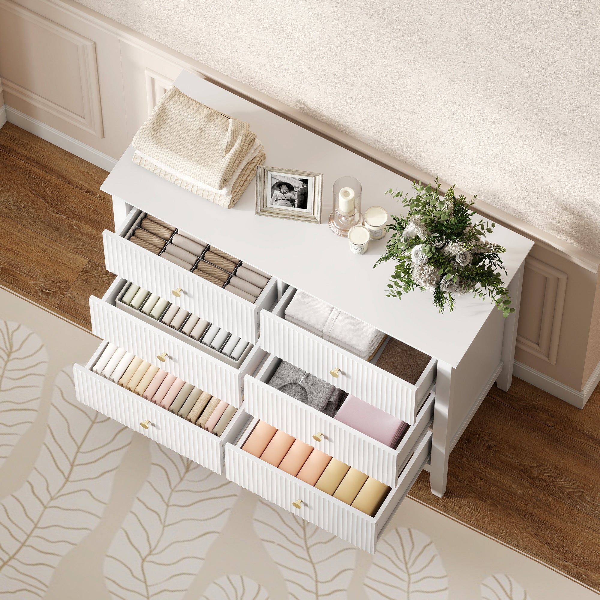 HOMCOM Fluted Dresser, 6 Drawer Chest of Drawers for Bedroom, Living Room, Hallway, Closet, White 