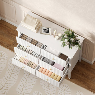 HOMCOM Fluted Dresser, 6 Drawer Chest of Drawers for Bedroom, Living Room, Hallway, Closet, White 