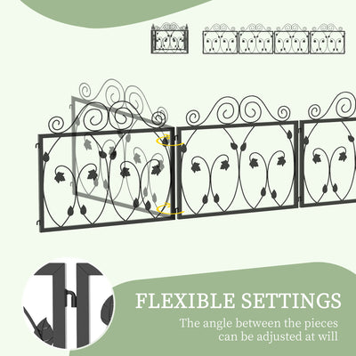 Outsunny Set of Four 57cm Leaf Scroll Metal Fence Panels - Black 