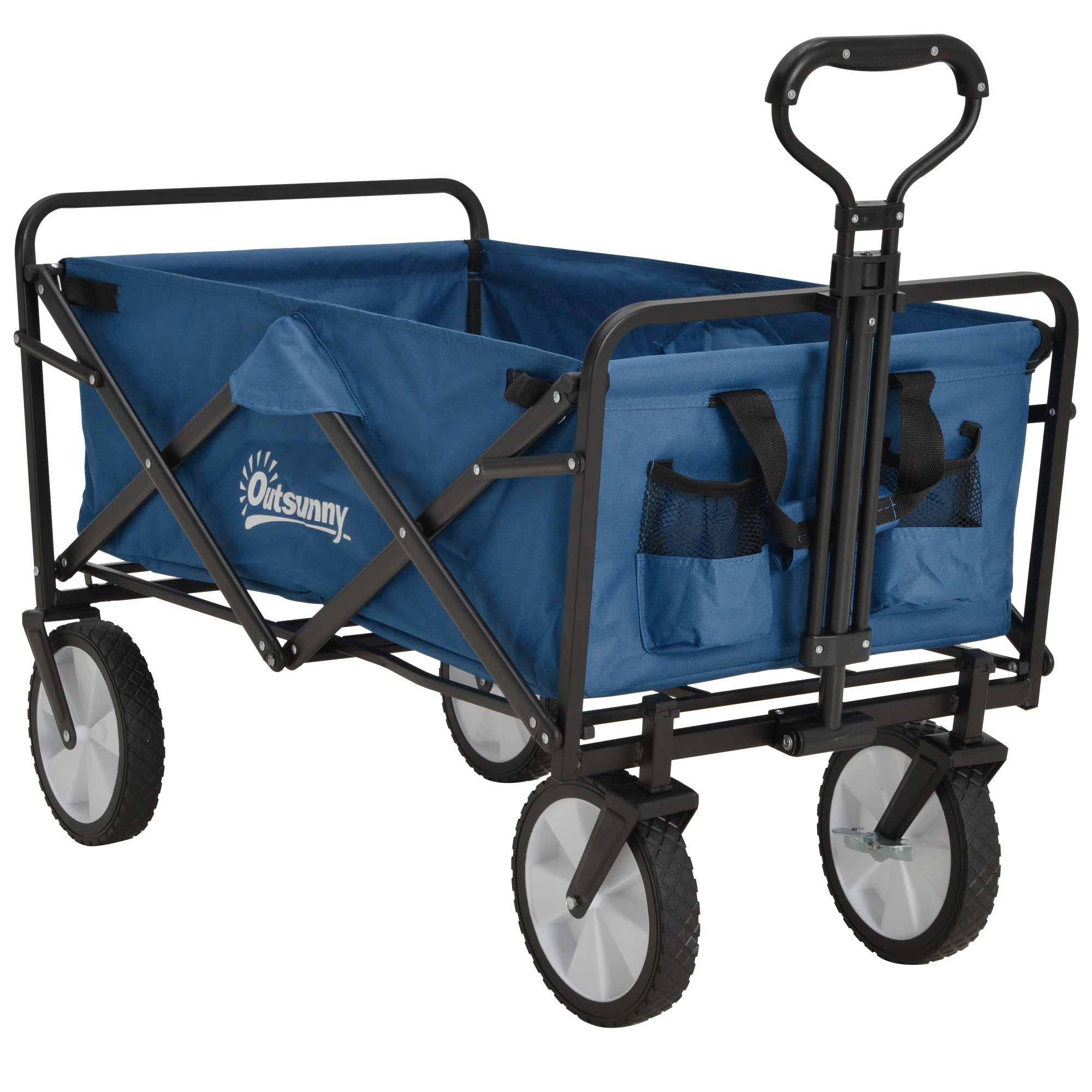 Outsunny 90L Folding Garden Trolley Cart Pull Along Wagon with Telescopic Handle for Beach Camping Festival - Navy Blue 