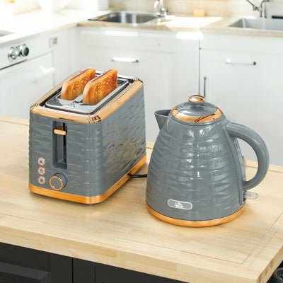 HOMCOM 3000W 1.7L Rapid Boil Kettle & 2 Slice Toaster, Kettle and Toaster Set with 7 Browning Controls and Crumb Tray, Grey 