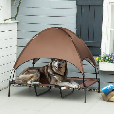 PawHut Raised Dog Bed Waterproof Elevated Pet Cot with Breathable Mesh UV Protection Canopy Coffee, for XL Dogs, 122 x 92 x 108cm 