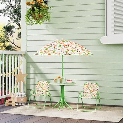 AIYAPLAY 4 Pieces Kids Garden Table and Chair Set with Adjustable Parasol, Folding Chairs, Table, Fox Pattern, Green 