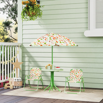 AIYAPLAY 4 Pieces Kids Garden Table and Chair Set with Adjustable Parasol, Folding Chairs, Table, Fox Pattern, Green