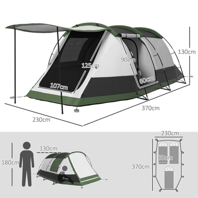 Outsunny Three-Man Camping Tent, with Two Rooms and Porch - Green 