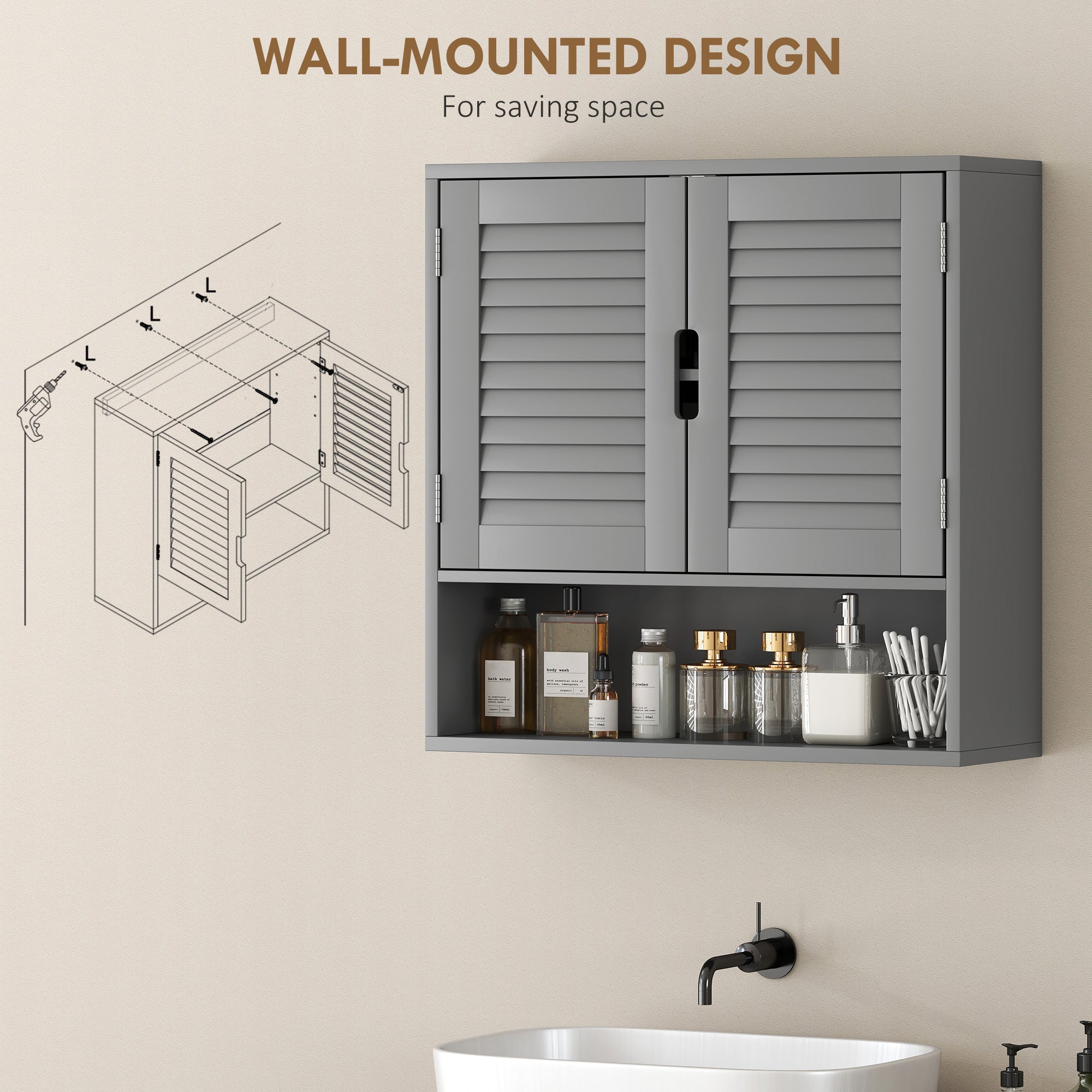 HOMCOM Bathroom Cabinet, Wall Mounted Storage Cabinet with Adjustable Shelves, 60 x 20 x 60 cm, Grey 