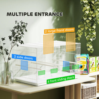 PawHut Bird Cage with Divider, 4 Wooden Perches, Slide Out Tray, 4 Feeders, for Budgie, Lovebird, Canary, 76 x 46 x 46cm, White 