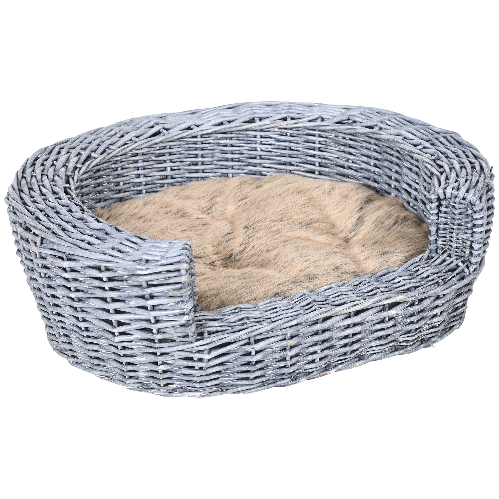 PawHut Wicker Pet Bed Willow Dog Cat Sofa Couch Puppy Basket with Cushion Grey 57L x 46W x 17.5H cm 