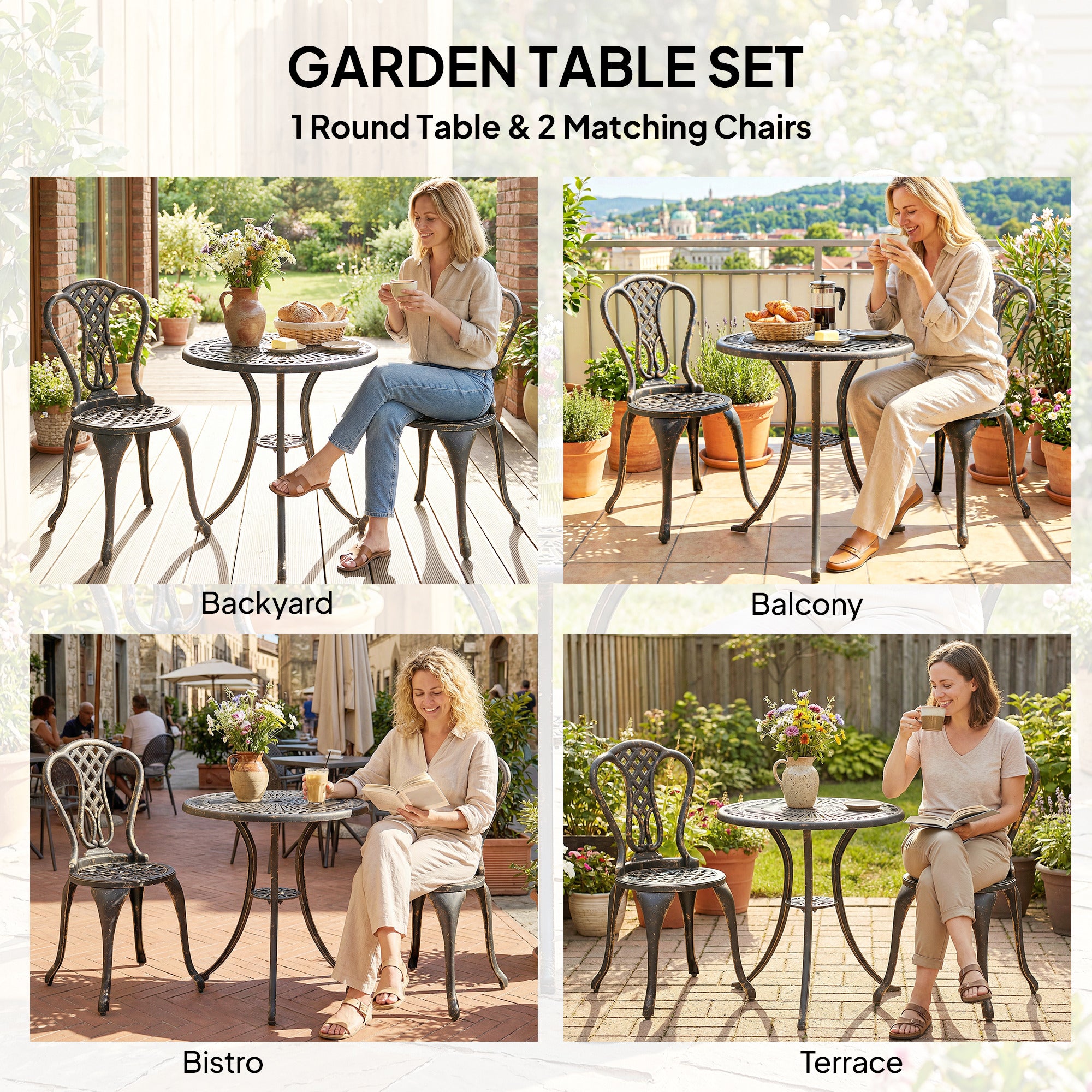 Outsunny Outdoor Bistro Set for 2 Cast Aluminium Patio Furniture with Round Table Umbrella Hole Brown 
