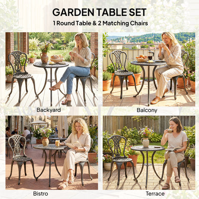 Outsunny Outdoor Bistro Set for 2 Cast Aluminium Patio Furniture with Round Table Umbrella Hole Brown 