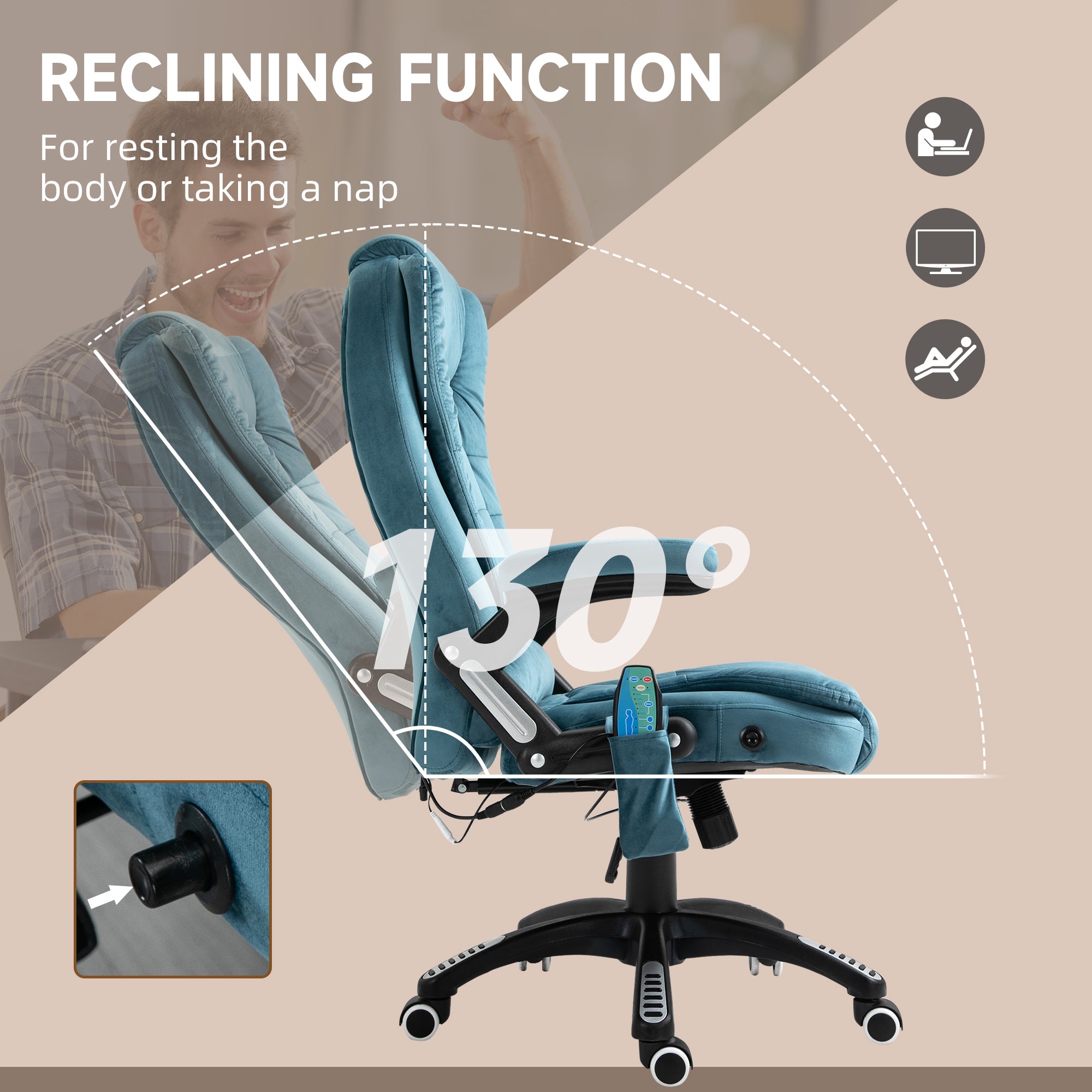 Vinsetto Massage Recliner Chair Heated Office Chair with Six Massage Points Velvet-Feel Fabric 360\'c2\'b0 Swivel Wheels Blue
