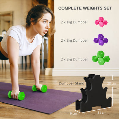 SPORTNOW 2 x 1kg, 2 x 2kg, 2 x 3kg Dumbbells Set with Dumbbell Rack, Hand Weights for Home Gym Training 