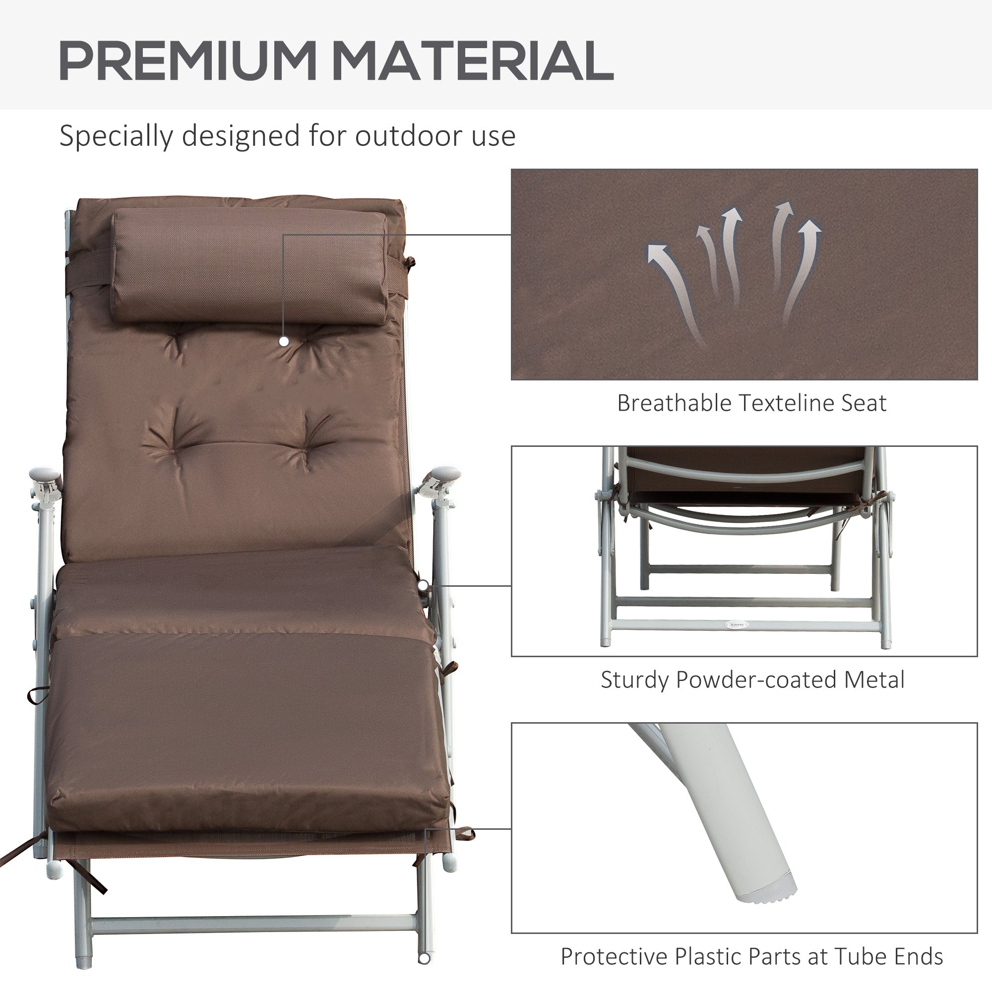 Outsunny Sun Lounger Steel Frame Outdoor Folding Chaise Texteline Lounge Chair Recliner with Headrest & 7 Levels Adjustable Backrest, Brown 